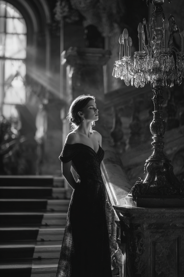 Woman in an off-shoulder dress standing in a grand hall with dramatic lighting
