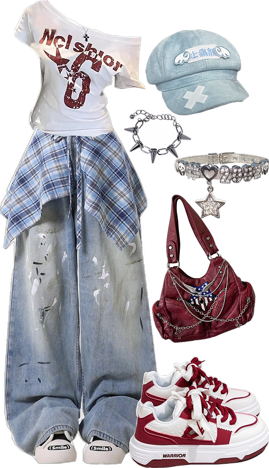 Full body flat lay of a casual outfit with baggy jeans and a plaid shirt