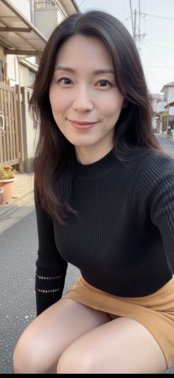 Woman in a black top and mini skirt posing outdoors