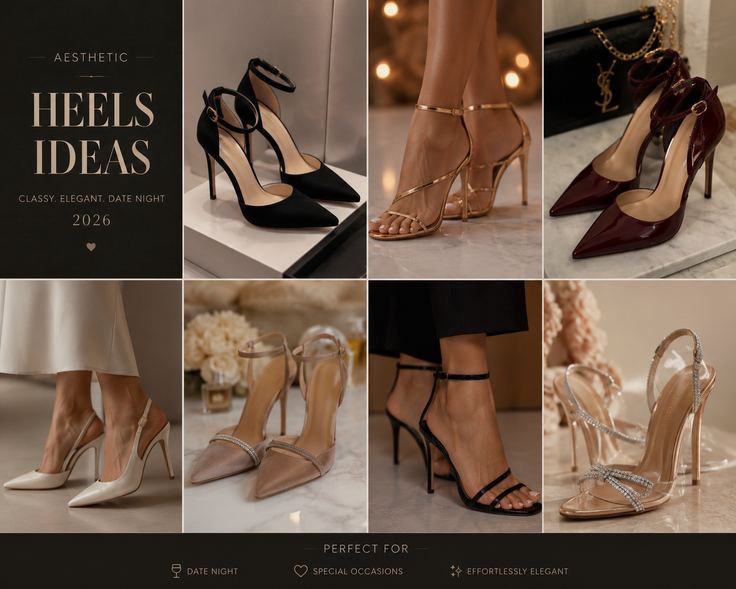 Collage of various high heels, including stilettos and sandals