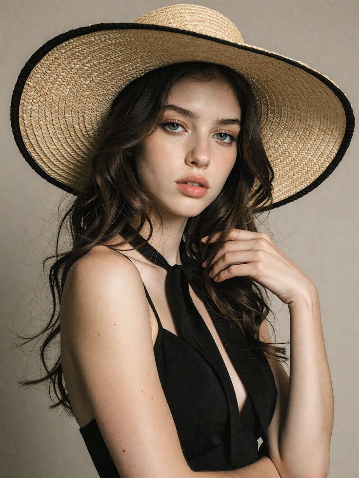 Woman in a straw hat and black top with deep cleavage