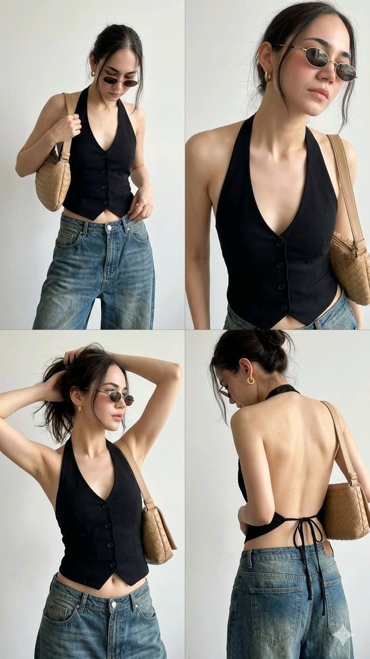 Woman in a black halter top and blue jeans posing with a shoulder bag