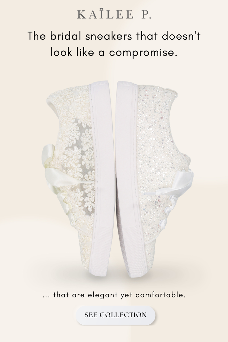 Two white bridal sneakers with lace and glitter details, facing each other