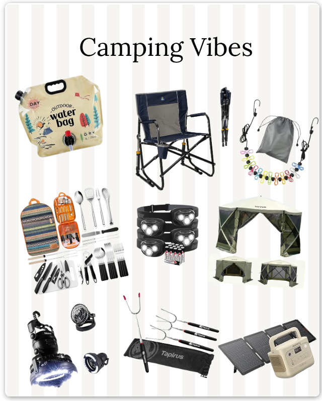 A collection of camping gear and outdoor equipment on a striped background