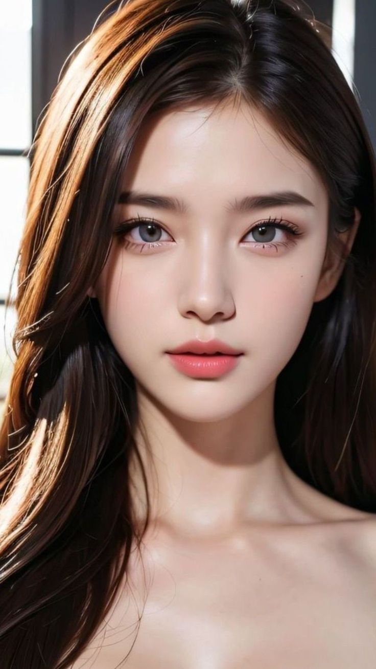 Woman with long dark hair and exposed shoulders in soft lighting