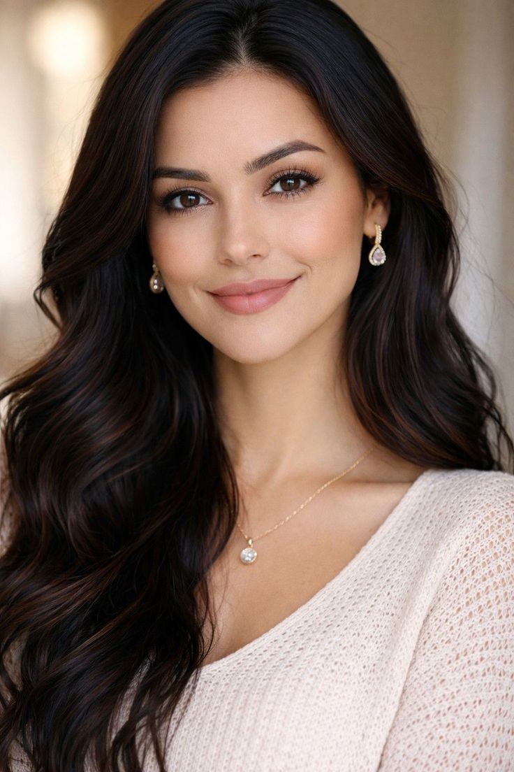 Woman with long dark hair wearing a light sweater and jewelry