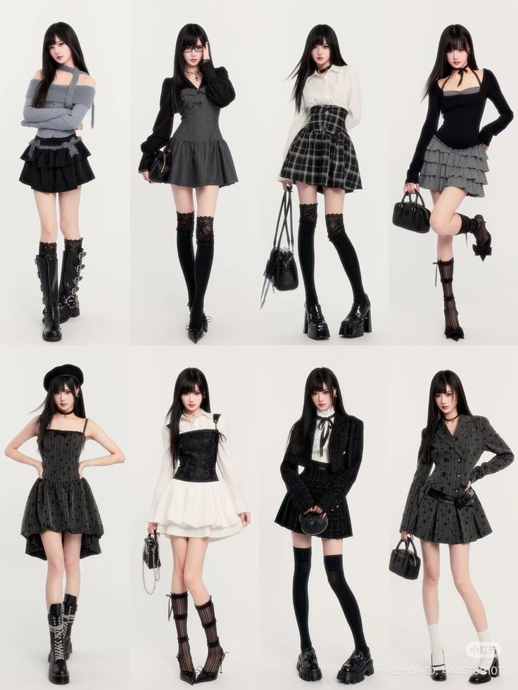 Eight women in various gothic-inspired outfits with short skirts and platform shoes