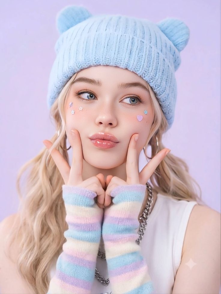 Blonde woman in a blue beanie and pastel fingerless gloves making a cute face