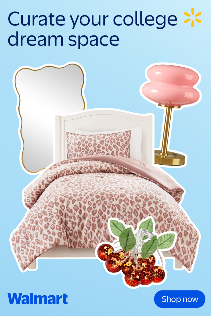 Bedroom decor items including a leopard print bedding set and pink lamp