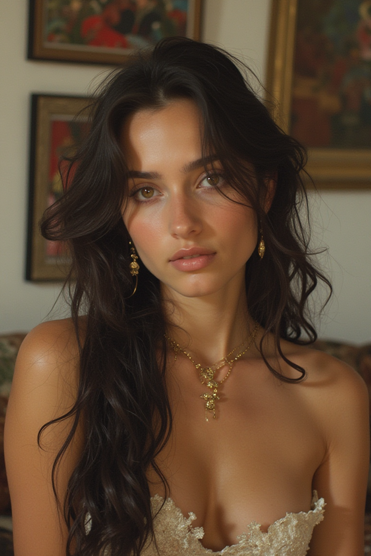 Woman with long dark hair and gold jewelry wearing a strapless top