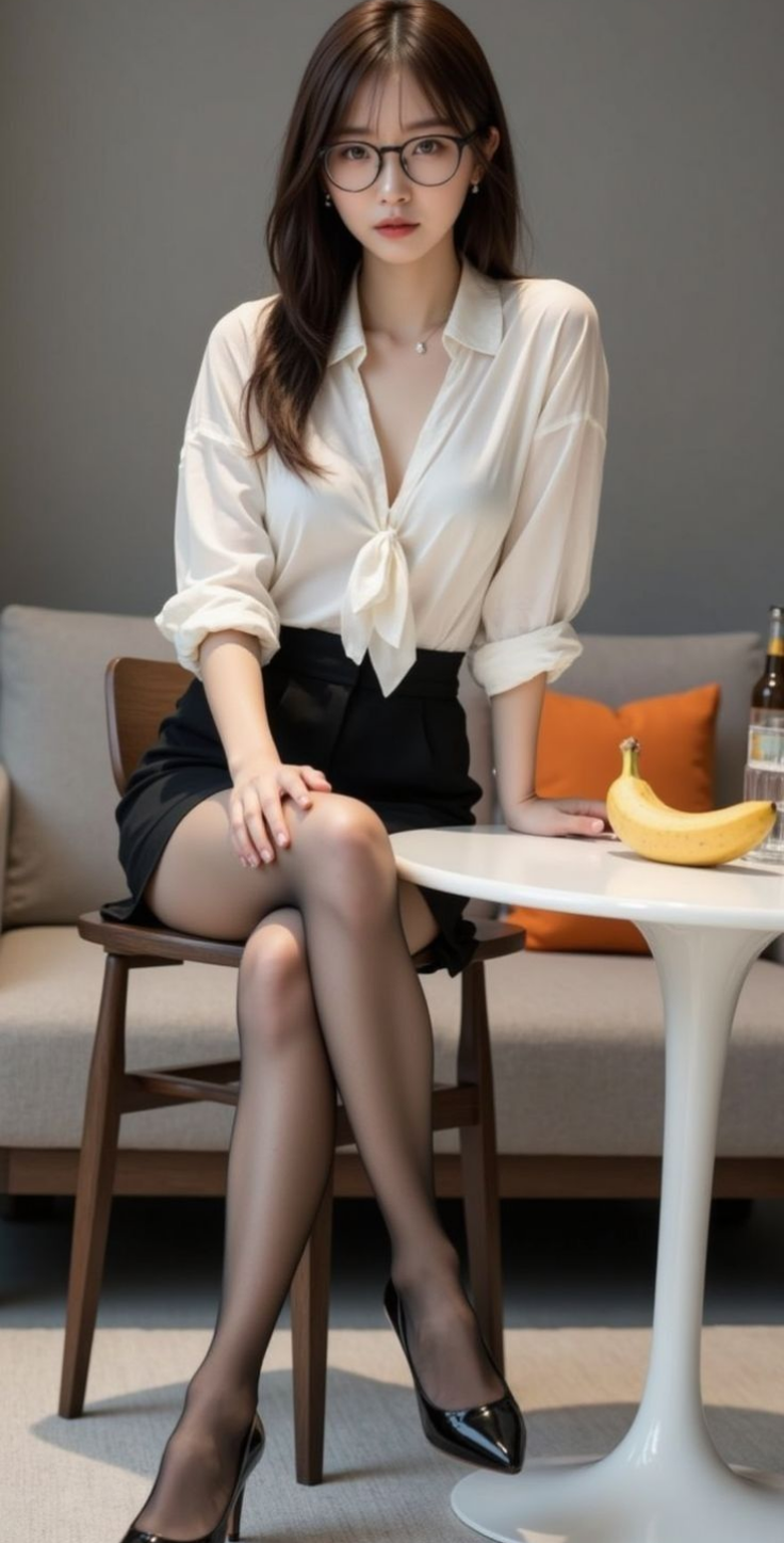 Woman in a white blouse and black skirt sitting indoors with crossed legs
