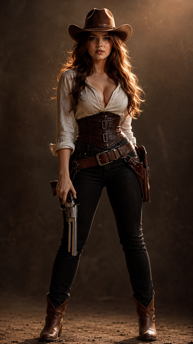 Woman in a cowgirl outfit holding a revolver with dramatic lighting
