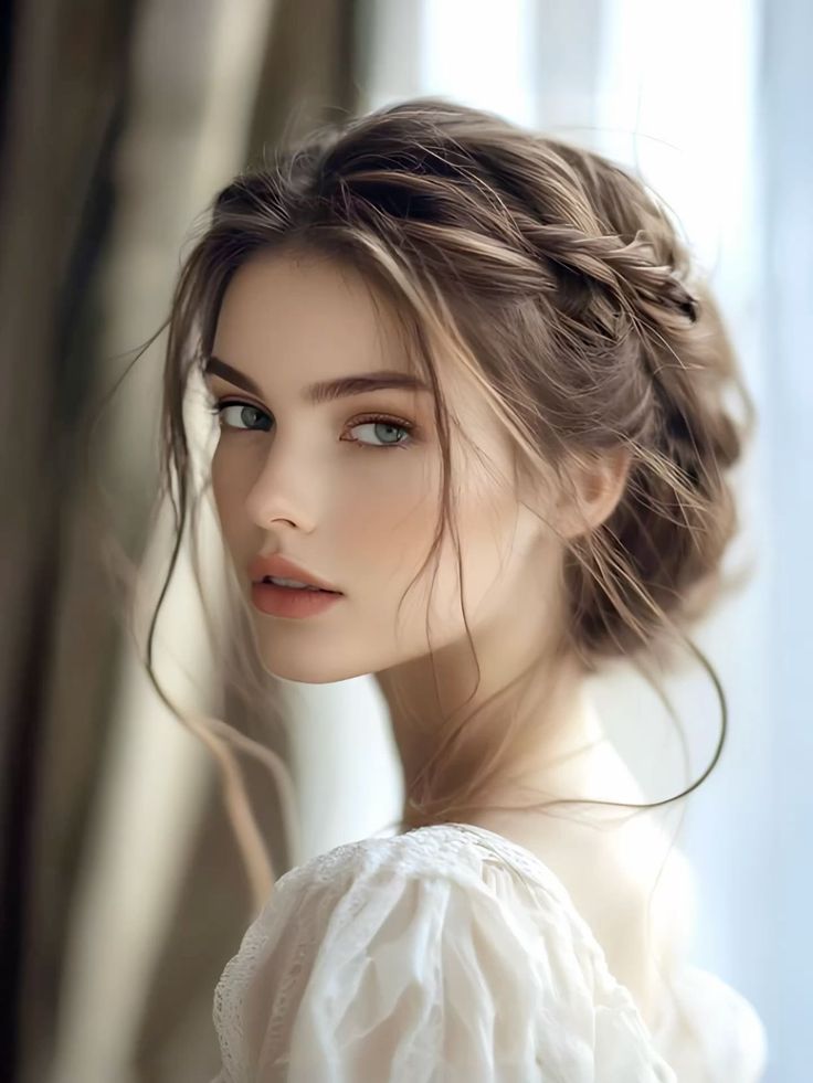 Woman with braided updo and white dress in soft indoor lighting