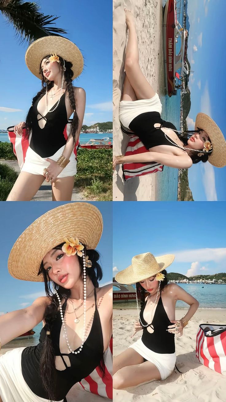 Woman in a black swimsuit and straw hat posing on a beach