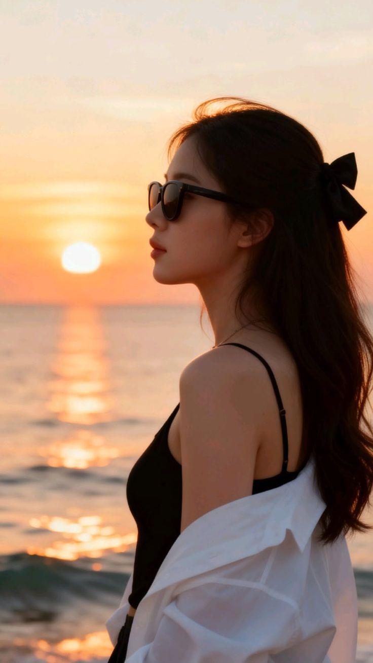 Woman in sunglasses and a black top with a white shirt over her shoulders at sunset