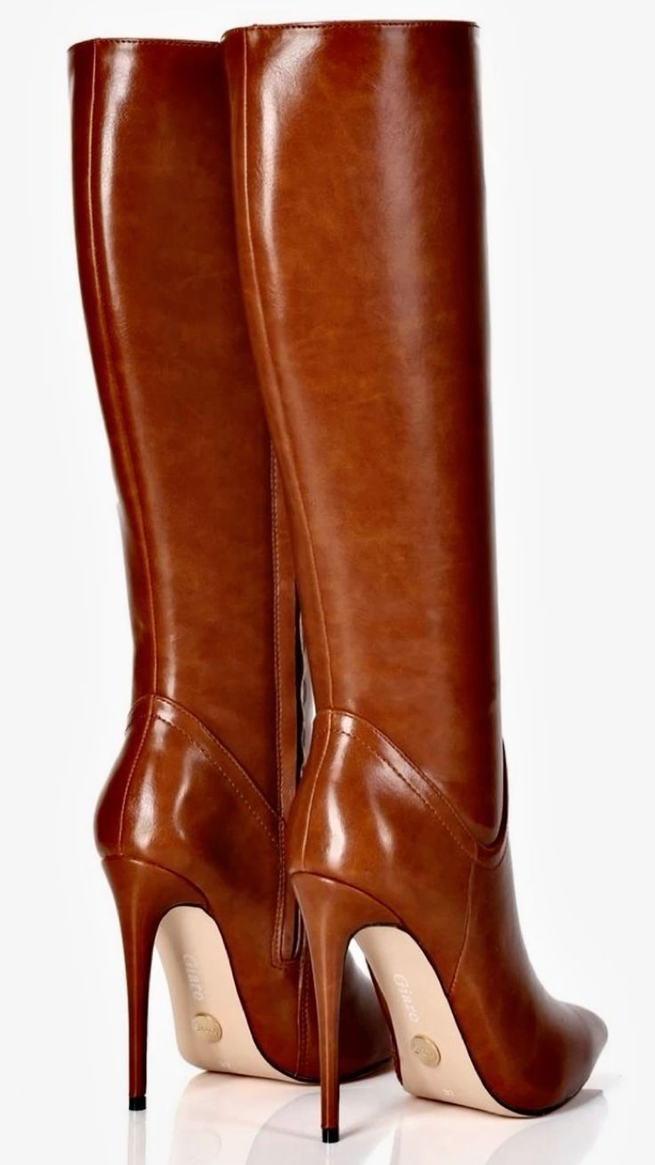 Pair of brown leather knee-high boots with high heels