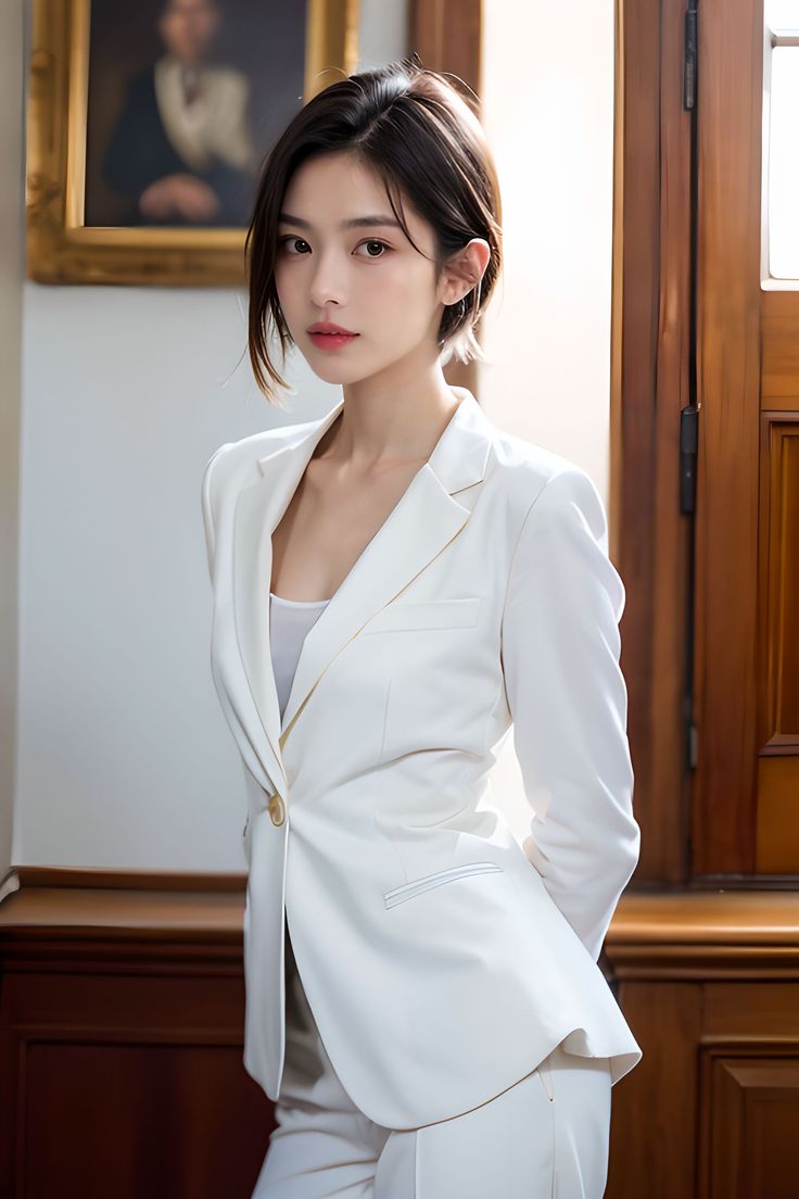Woman in a white suit with short hair in an indoor setting