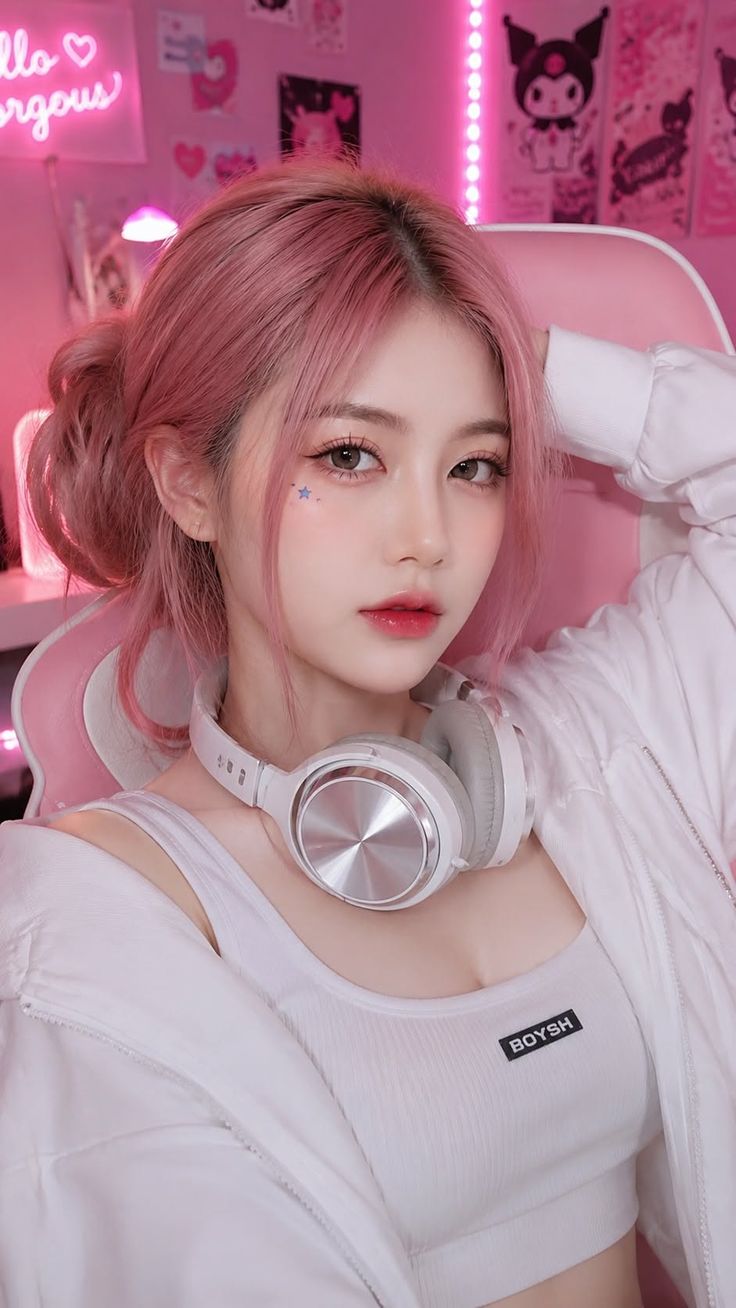 Woman with pink hair and headphones in a pink-lit room