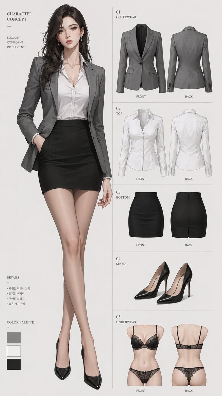 Illustration of a woman in business attire with accompanying clothing diagrams