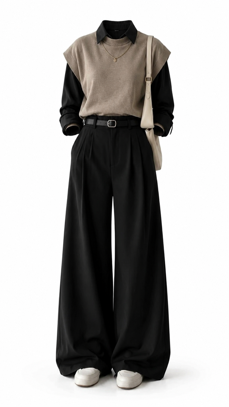 Full body shot of a minimalist outfit with a black shirt, beige vest, and wide leg pants