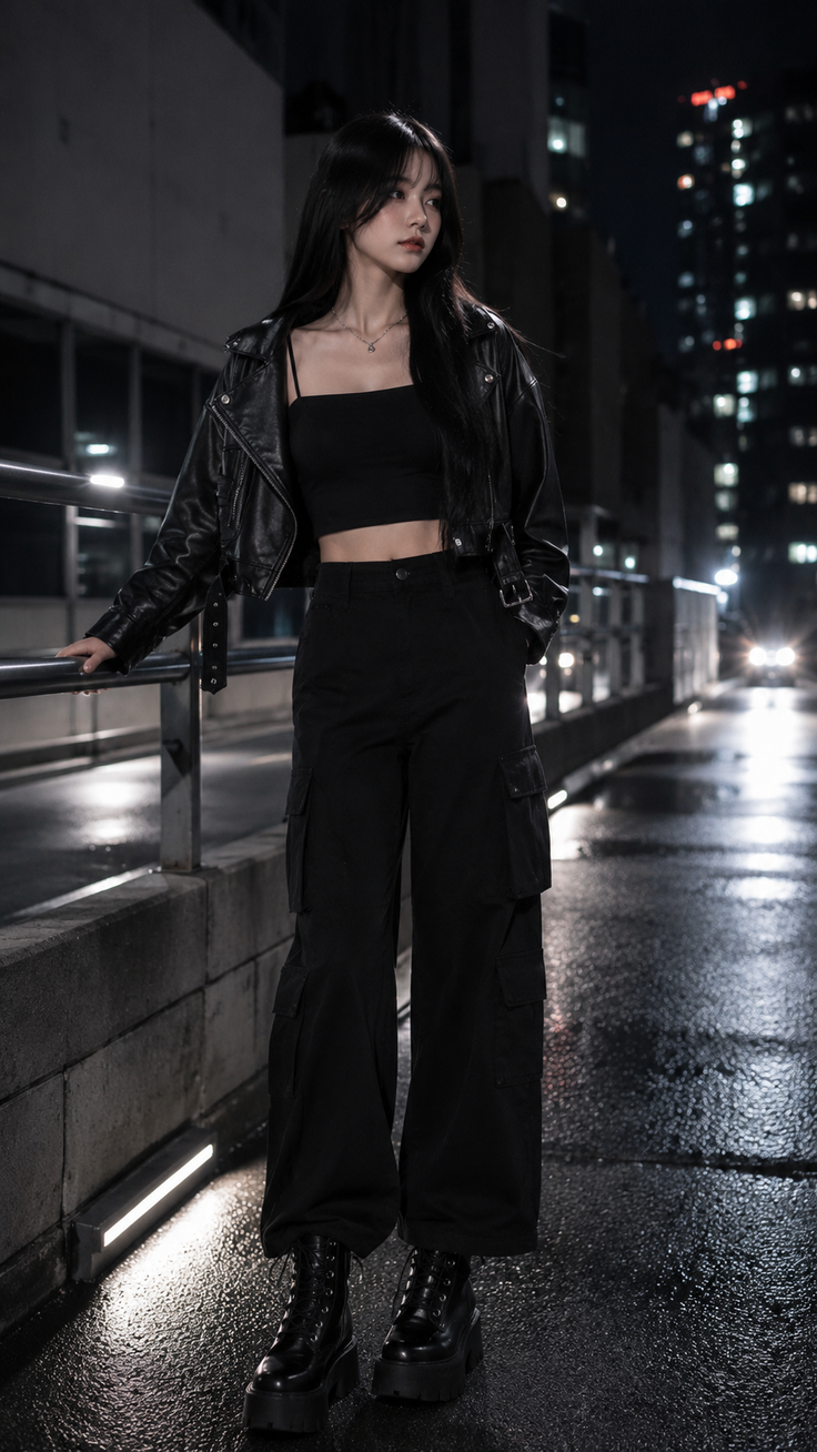 Woman in a black leather jacket and cargo pants on a wet city street at night