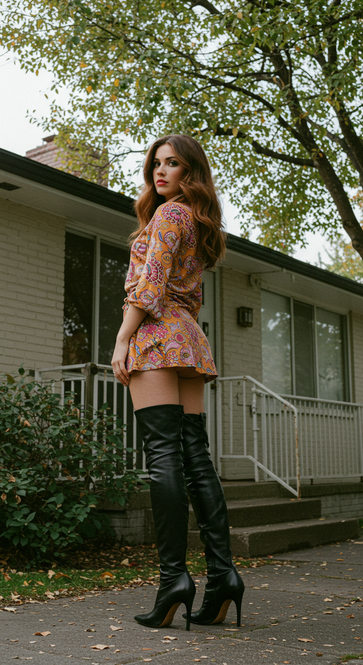 Woman in a patterned mini dress and thigh-high boots outdoors
