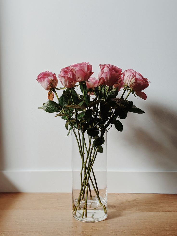 Pink roses in a glass vase against a white wall and wooden floor