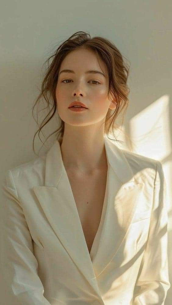 Woman in a white blazer with soft lighting and warm tones