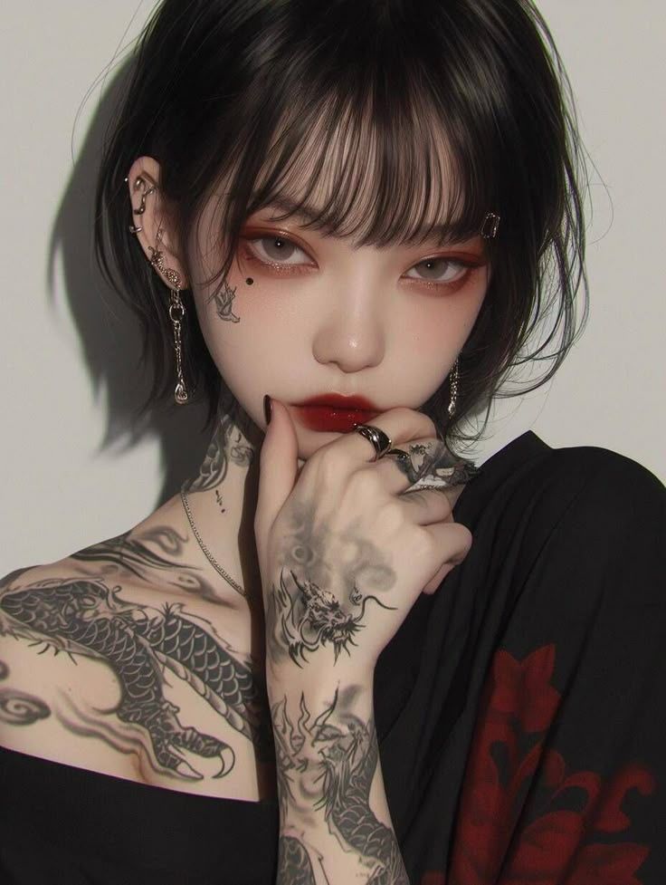 Woman with short black hair and dragon tattoos wearing an off-shoulder top