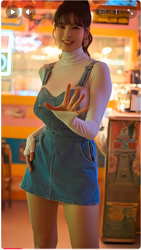 Woman in denim overalls and a white turtleneck smiling under neon lights