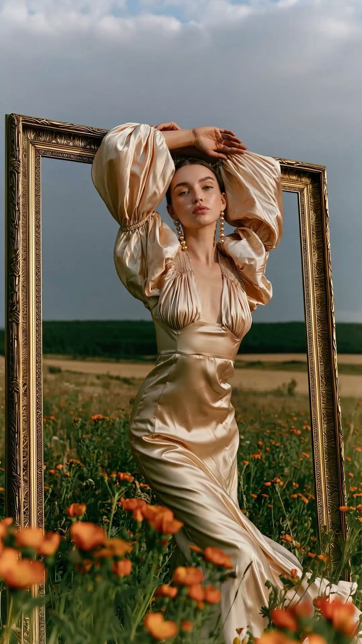 Woman in a satin dress with puffy sleeves posing in a field with a gold frame