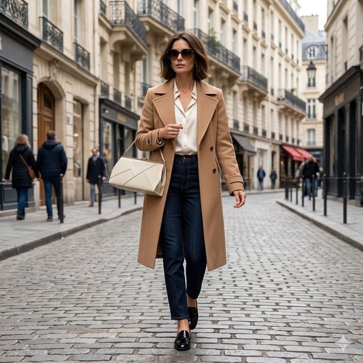 Woman in a camel coat and sunglasses walking on a cobblestone street