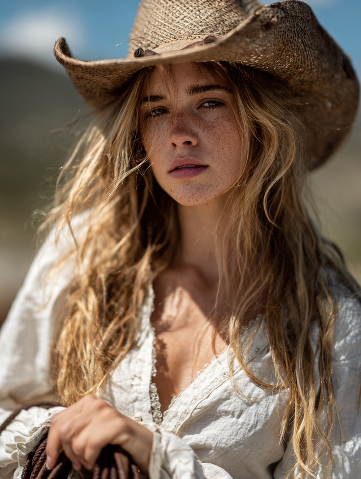 Woman with long blonde hair and freckles wearing a cowboy hat and white shirt