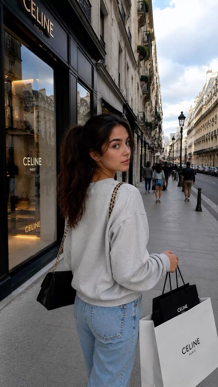 Woman with a ponytail walking on a city street with shopping bags