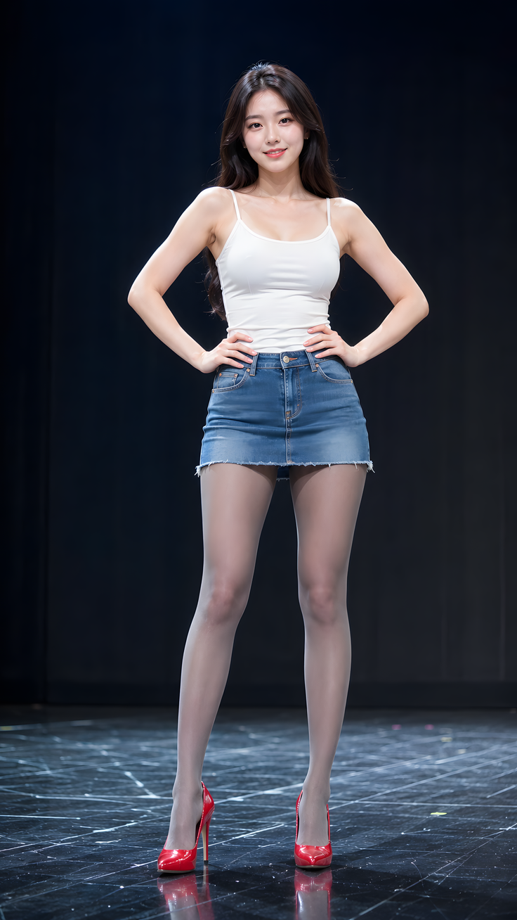 Woman in a white tank top, denim skirt, and red high heels posing in a studio