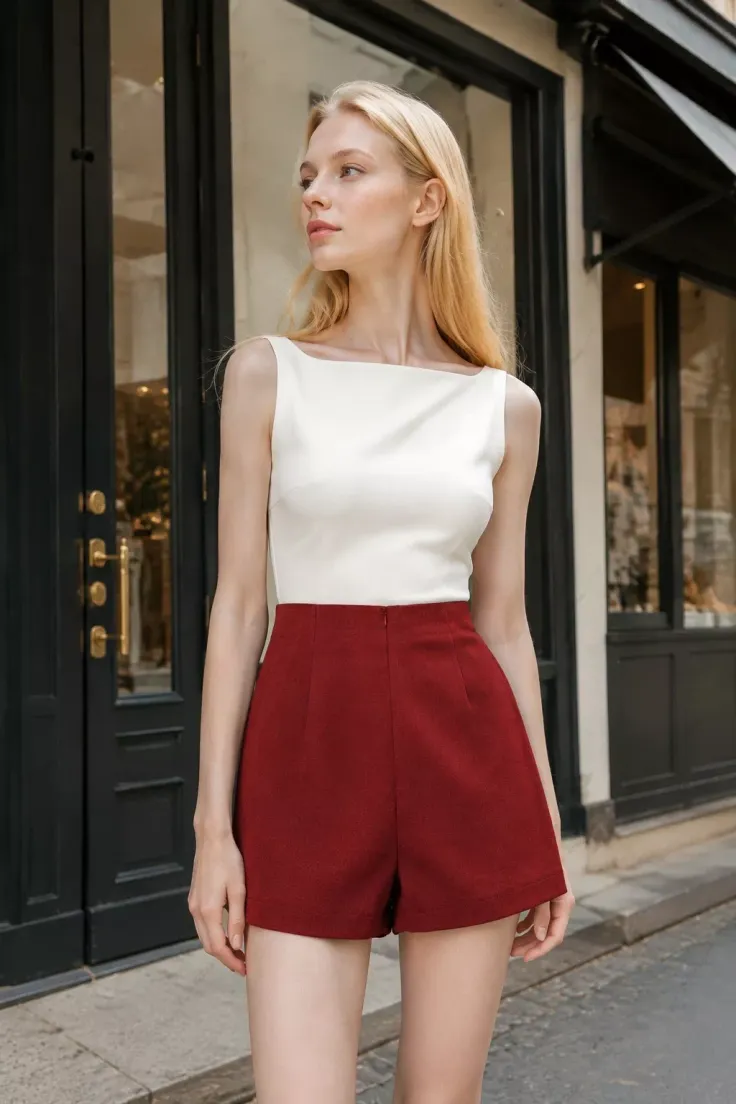 Woman with blonde hair wearing a white top and red shorts on a street