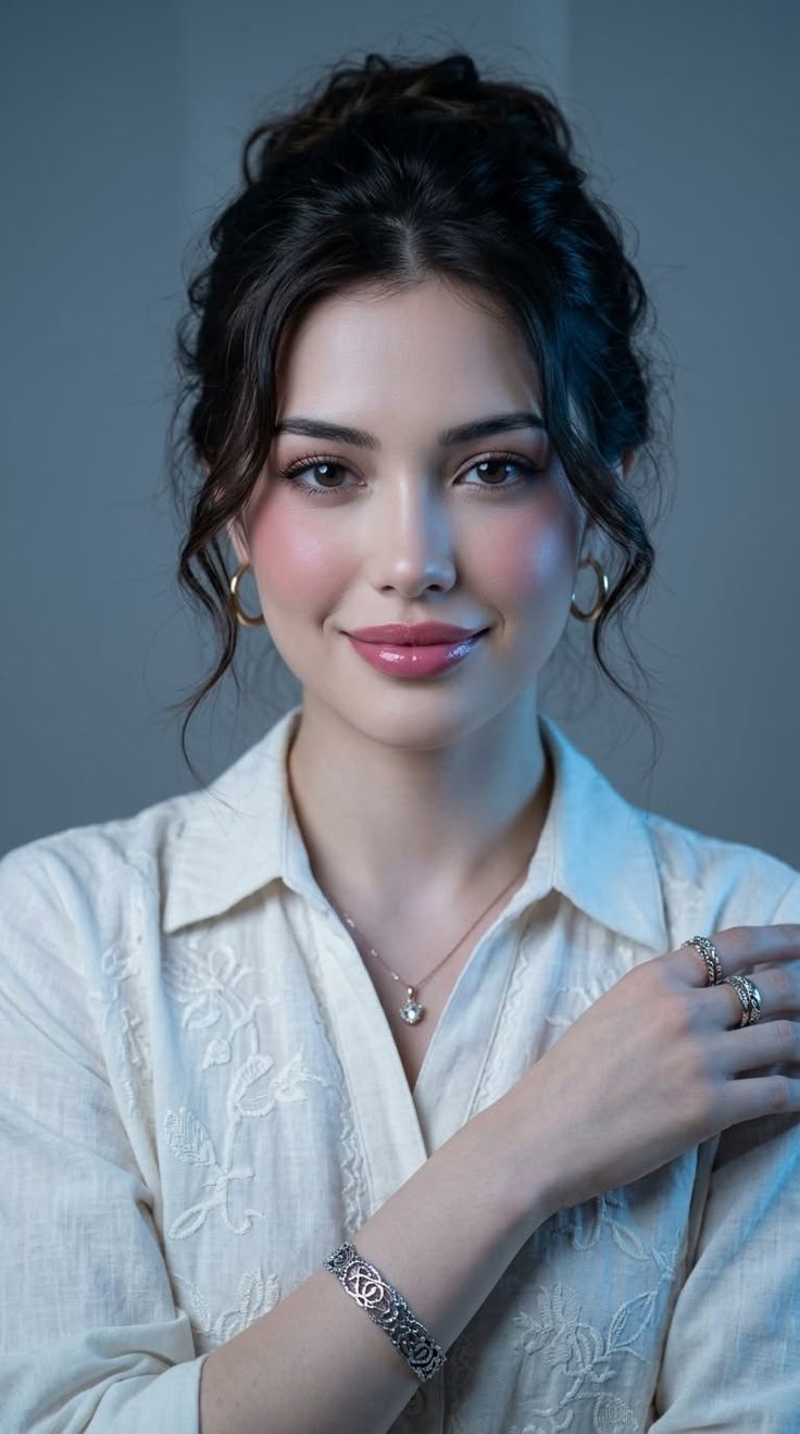 Woman with dark hair in an updo wearing a white shirt and jewelry
