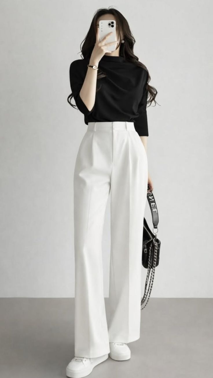 Woman in a black top and white pants holding a phone to her face