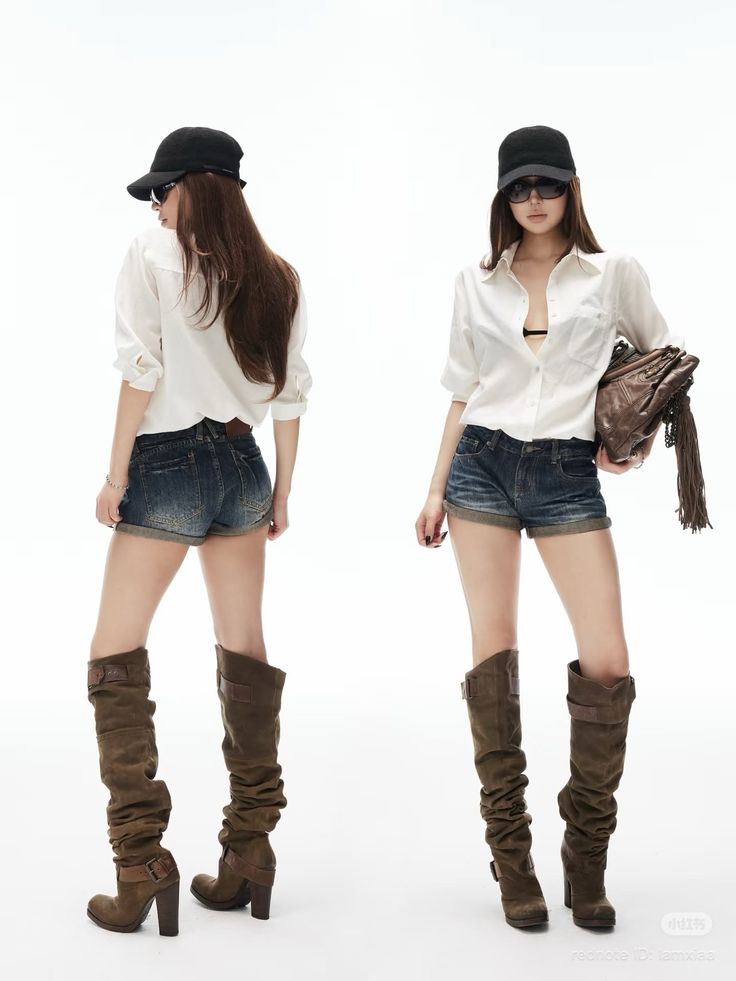Woman in denim shorts, white shirt, and tall boots posing against a white background