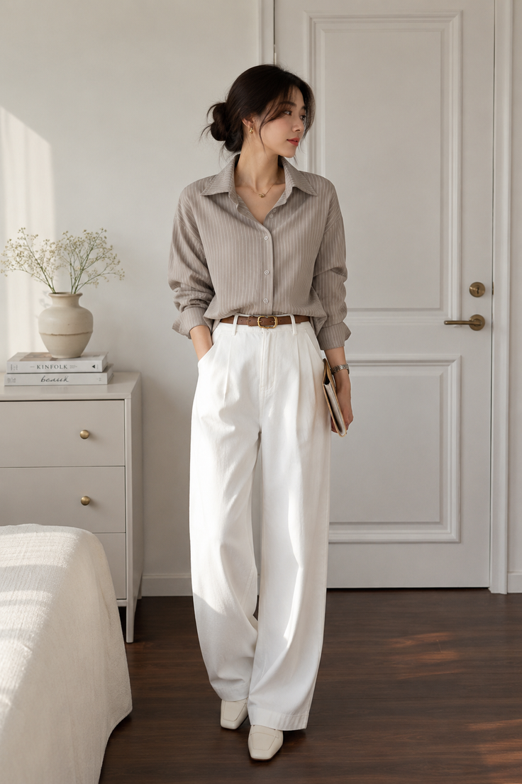 Woman in a striped shirt and white pants standing in a minimalist room