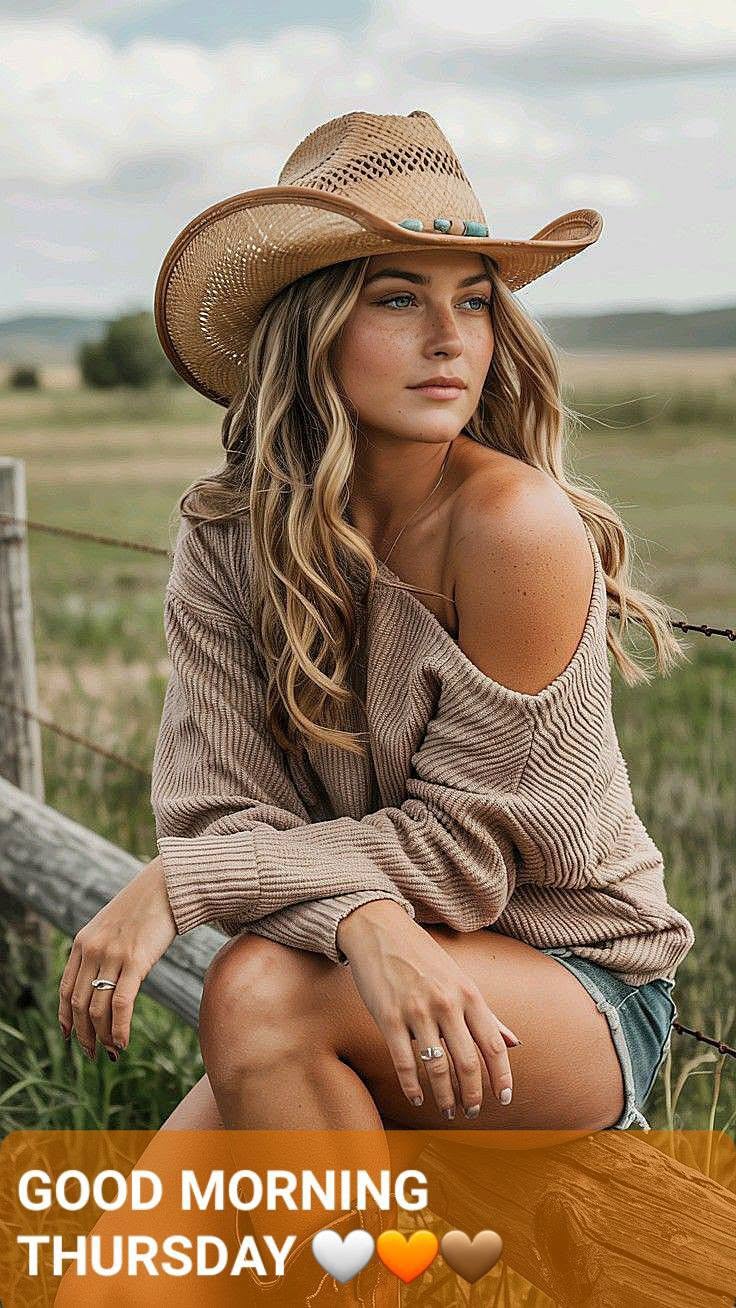 Woman in a cowboy hat and off-shoulder top outdoors