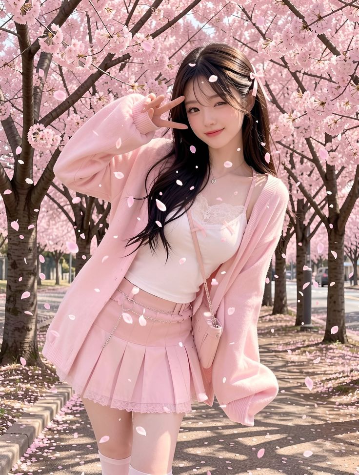 Anime girl in a pink outfit posing under cherry blossom trees with falling petals