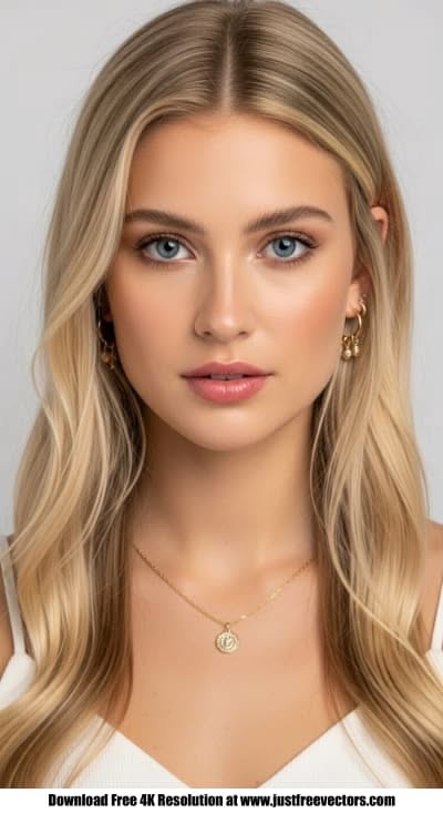 Blonde woman with blue eyes and gold jewelry looking directly at the camera