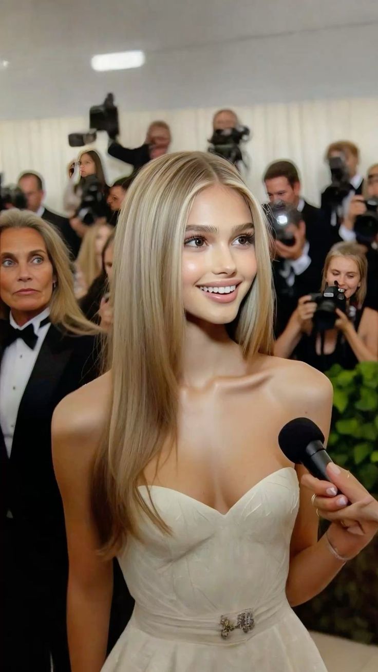 Woman with long blonde hair in a strapless dress being interviewed on a red carpet