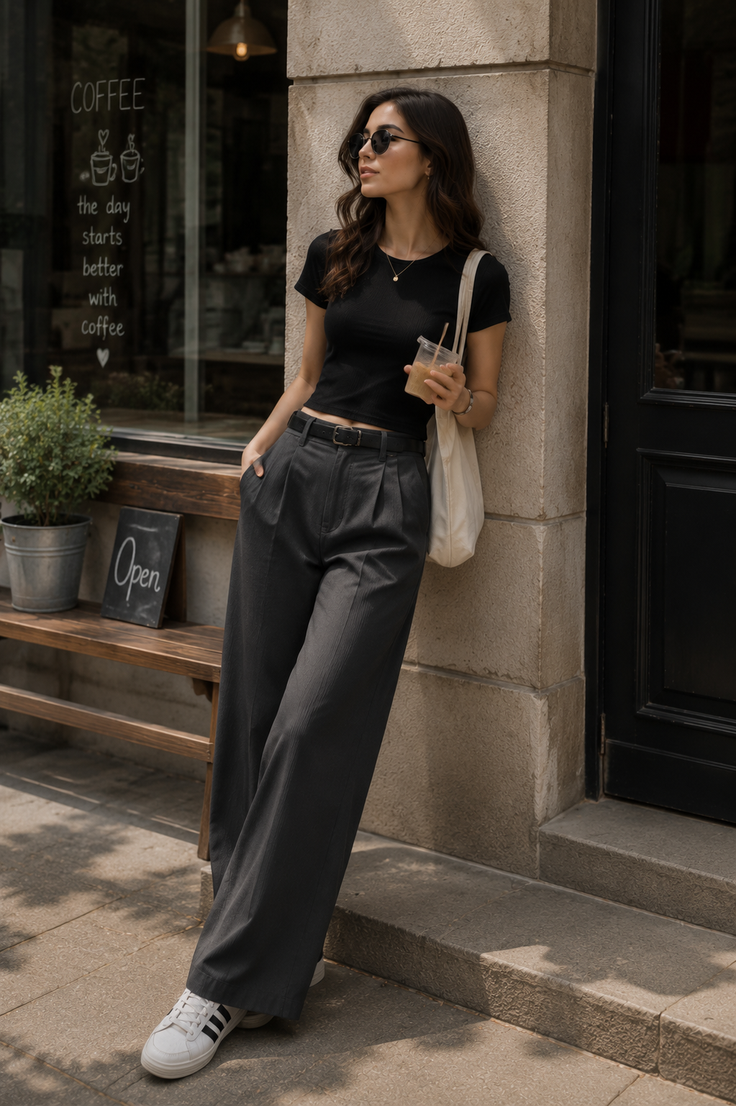 Woman in sunglasses and a crop top leaning against a building outside a coffee shop