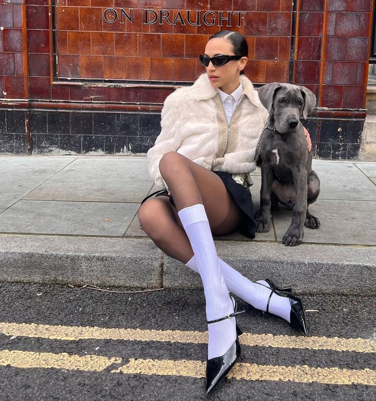 Woman in a fur jacket and mini skirt with a dog sitting on a street curb
