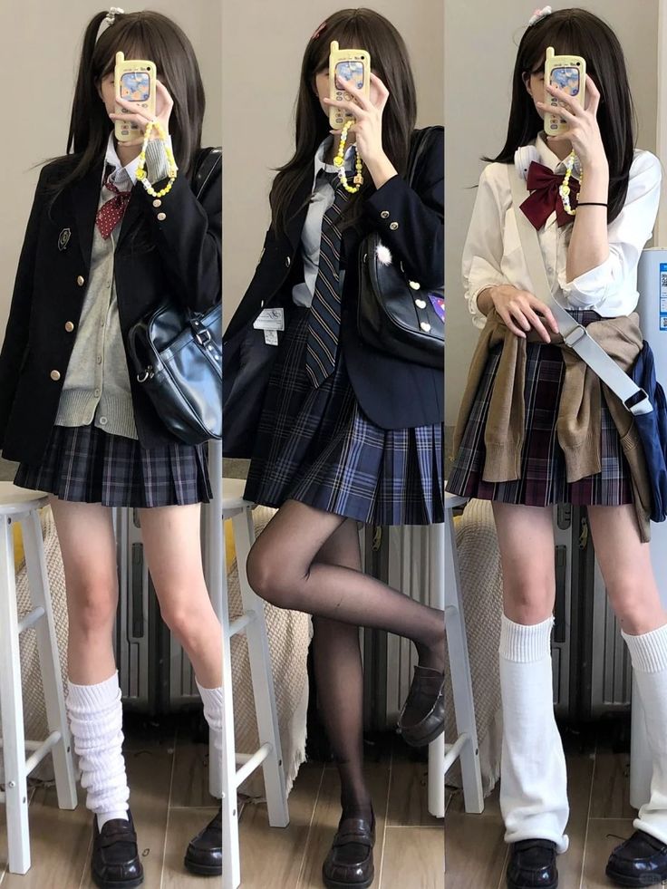 Three full body shots of a person in different school uniform outfits