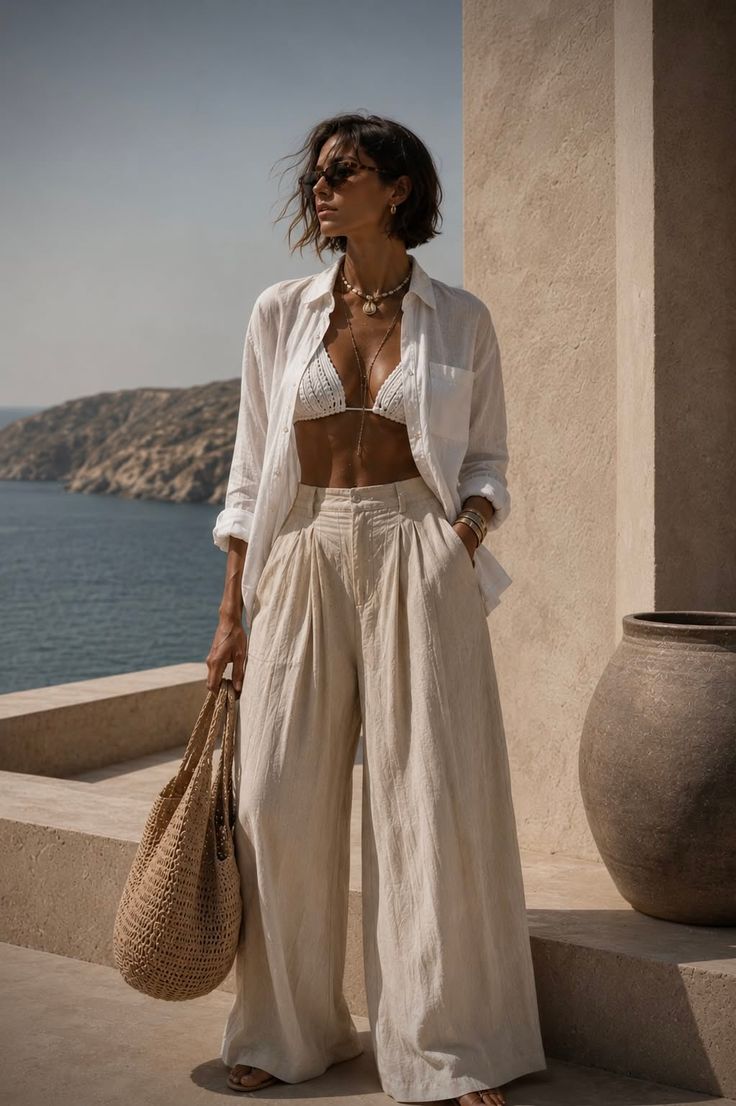 Woman in a crochet bikini top and wide leg pants on a sunny outdoor terrace