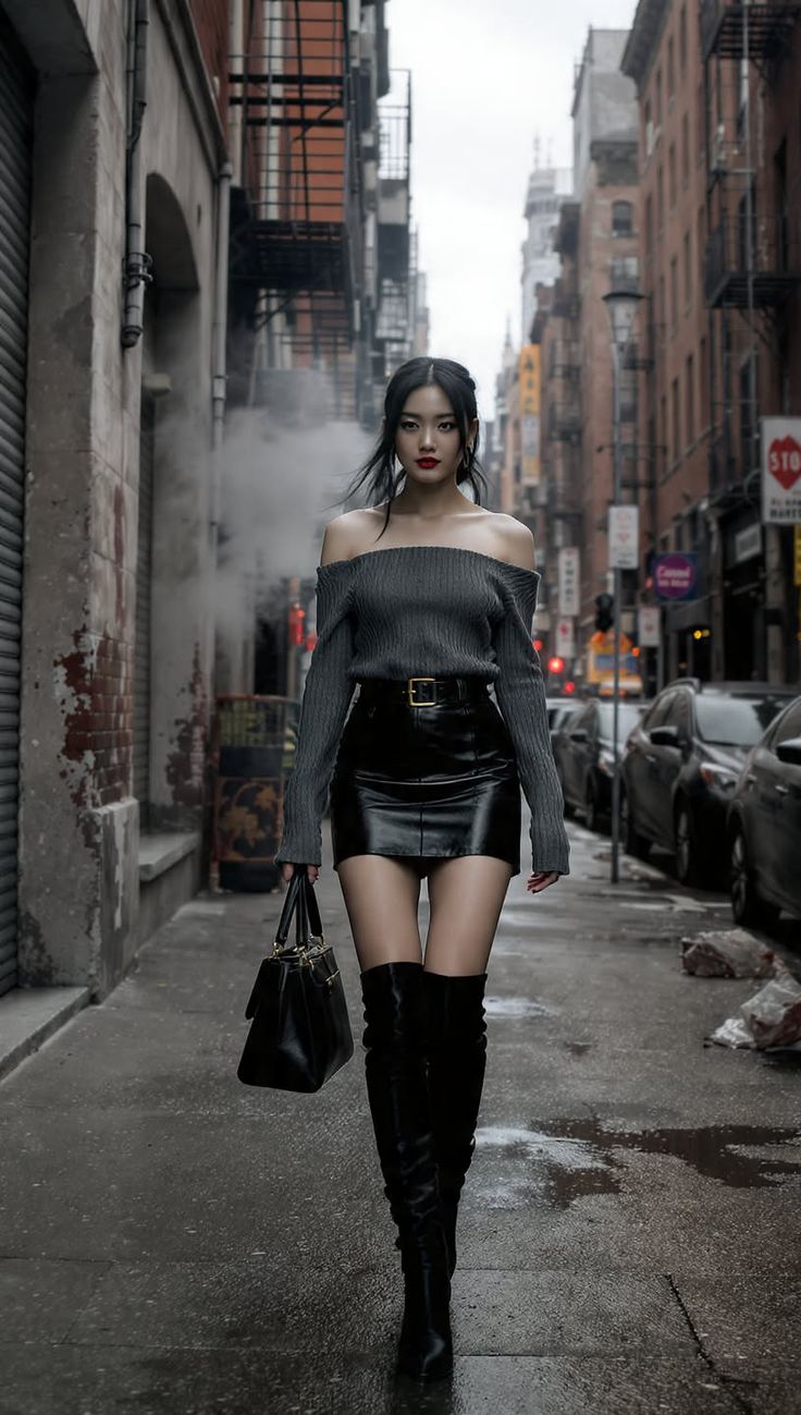 Woman in an off-shoulder top and leather skirt walking on a wet city street