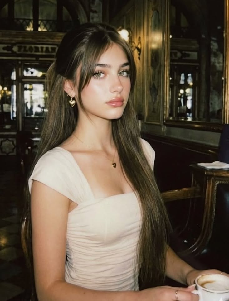 Woman with long hair and heart earrings in a cafe